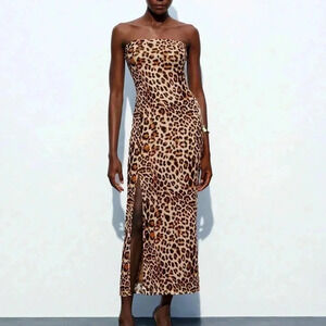 Khaki Sexy Women's Leopard Print Fitted Bodycon Midi Dress With Slit Up To Thigh